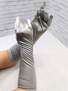 Перчатки атлас удлиненные, серебристые